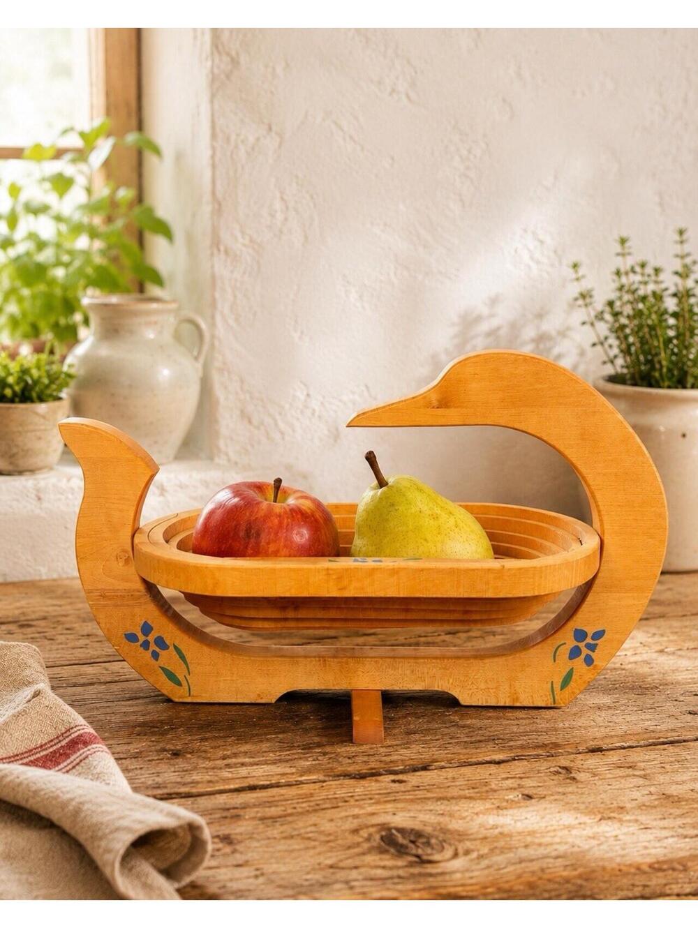 Vintage 1970s Scroll Saw Collapsible Wood Duck Fruit Basket, 14.5x6”